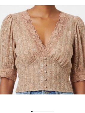 American Eagle Boho Peasant Floral  Lace trim short sleeve blouse Top Shirt S